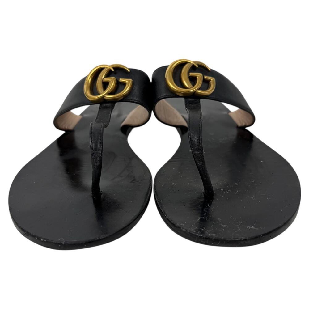 Gucci Black Leather Thong Sandal Gold Double G Logo Size 38.5 - Picture 5 of 13